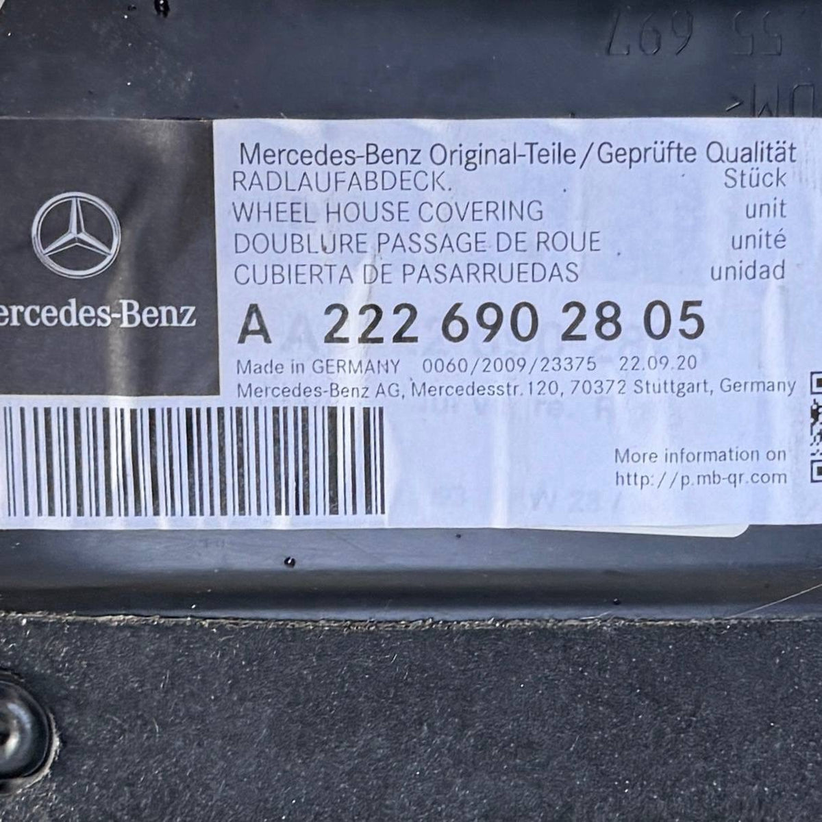 2018 2019 2020 MERCEDES BENZ S450 S63 FRONT RIGHT WHEEL FENDER SPLASH GUARD OEM
