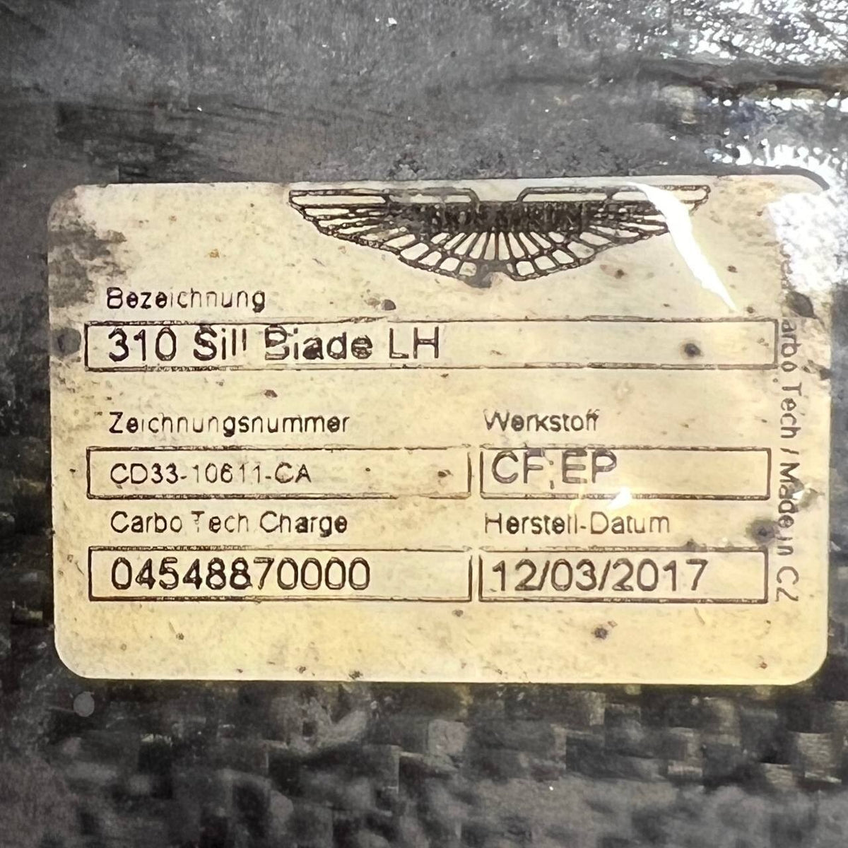 2014 2015 2016 2017 2018 ASTON MARTIN VANQUISH LOWER LEFT PLATE SILL BLADE TRIM