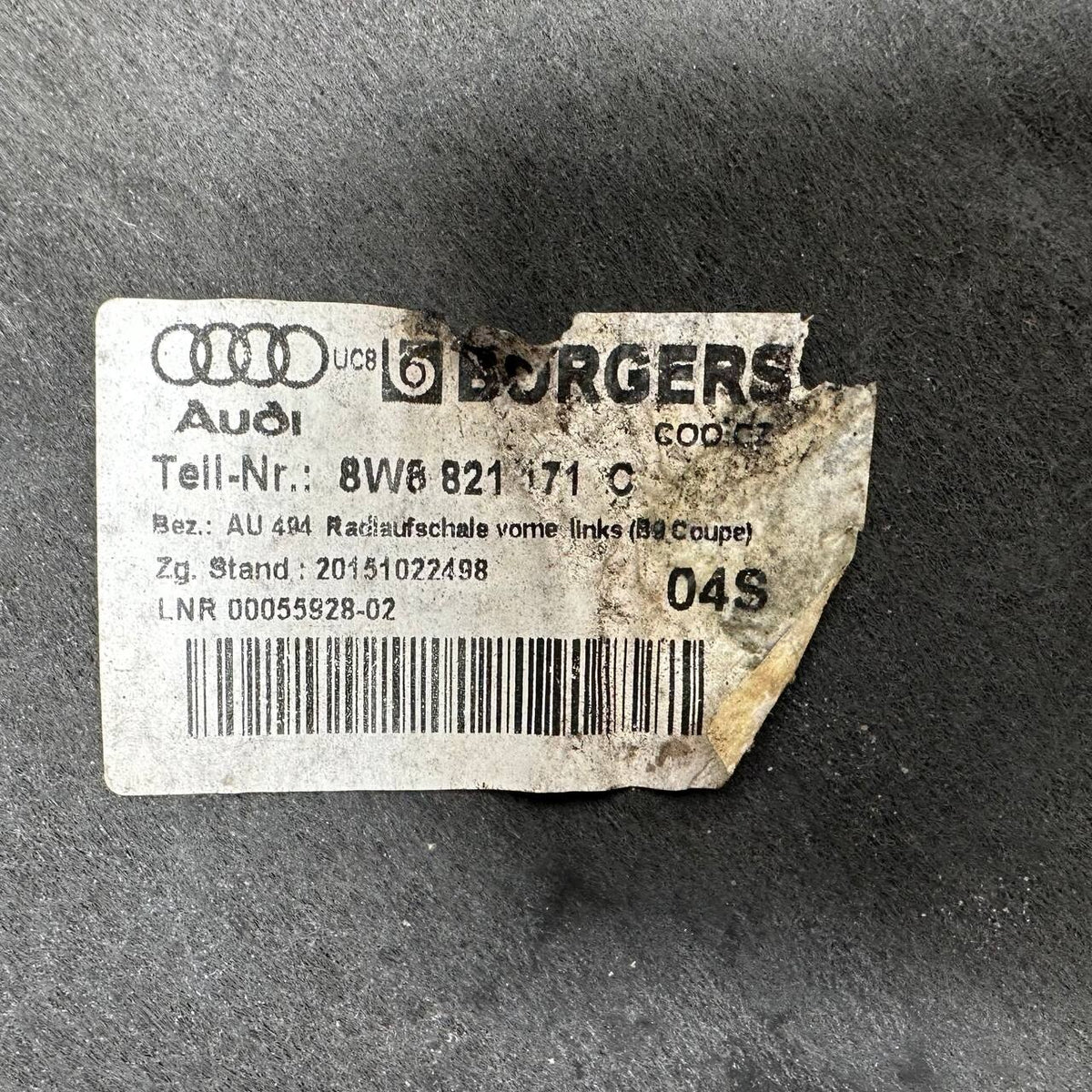 AUDI B9 COUPE WHEEL FENDER LINER SPLASH GUARD OEM USED 8W8821171C