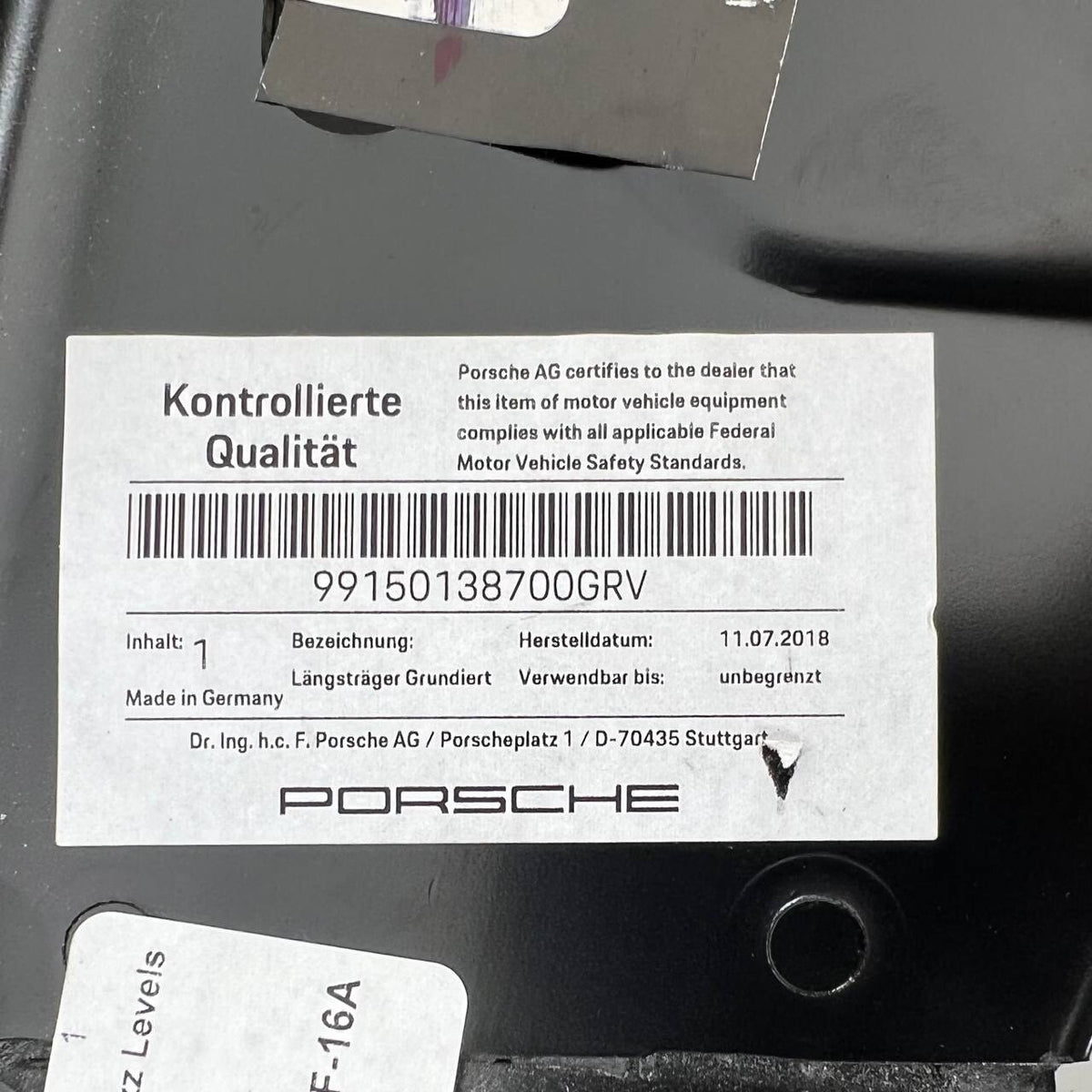 2012 2013 2014-2021 PORSCHE 911 718 BOXSTER CAYMAN SPYDER FENDER OUTER RAIL LEFT